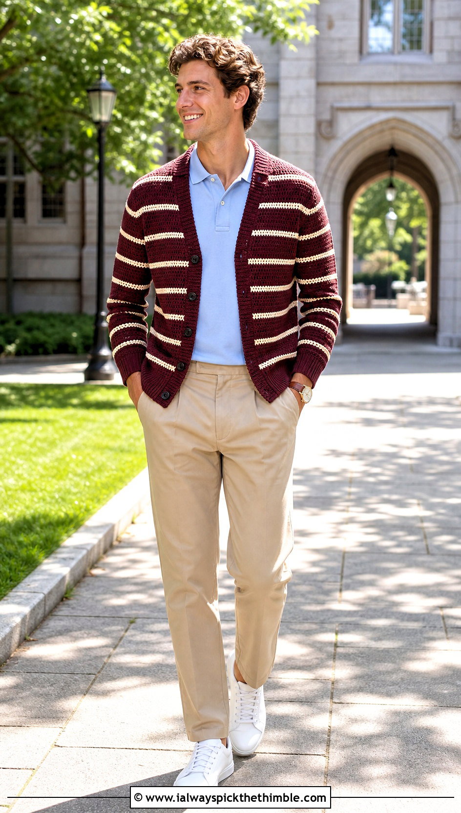 Striped Crochet Cardigan With Polo Shirt And Khakis - 25 mens crochet cardigan outfit ideas