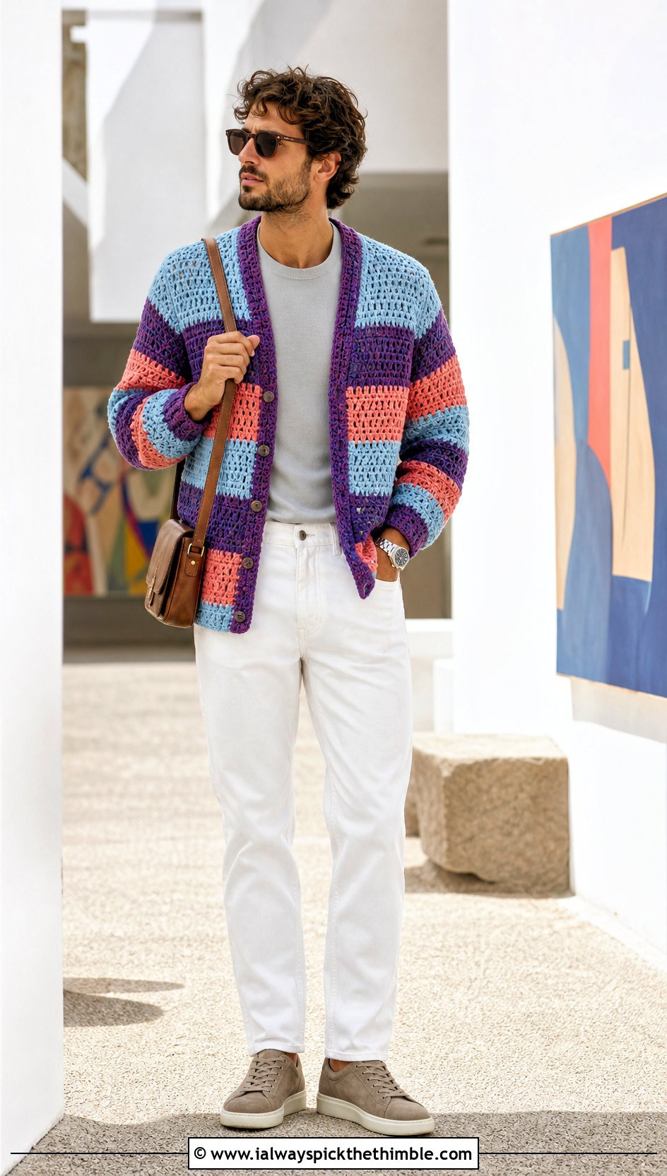 Striped Crochet Cardigan With White Jeans - 25 crochet cardigan men outfit ideas