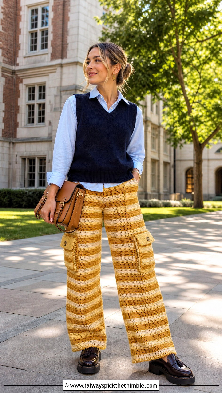 Striped Crochet Cargo Pants With Oxford Shirt - 25 crochet cargo pants outfit ideas