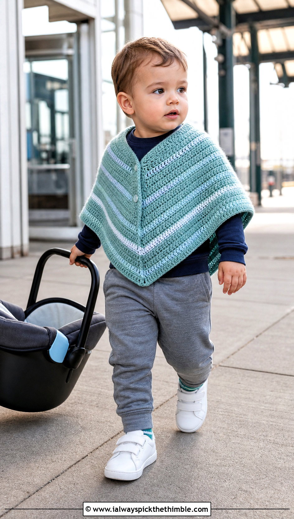 Striped Crochet Carseat Poncho With Sweatshirt And Joggers - 20 Crochet Carseat Poncho outfit ideas