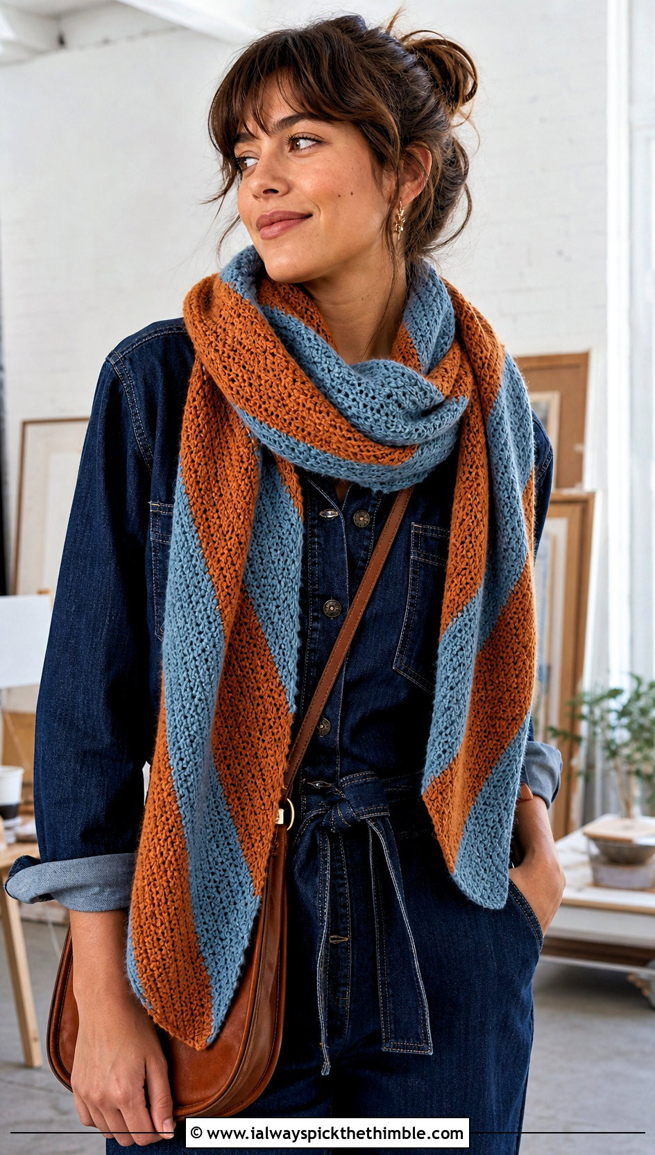 Striped Crochet Cashmere Scarf With Denim Jumpsuit - 20 crochet cashmere scarf outfit ideas