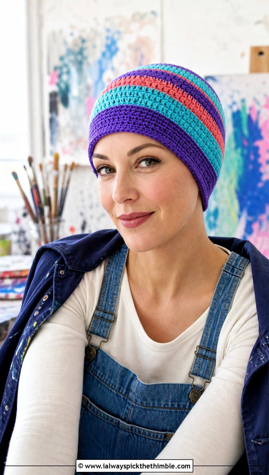 Striped Crochet Chemo Cap With Denim Overalls - 25 crochet chemo caps outfit ideas