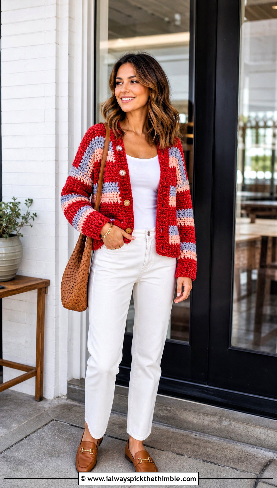 Striped Crochet Chenille Cardigan With White Jeans - 20 crochet chenille cardigan outfit ideas