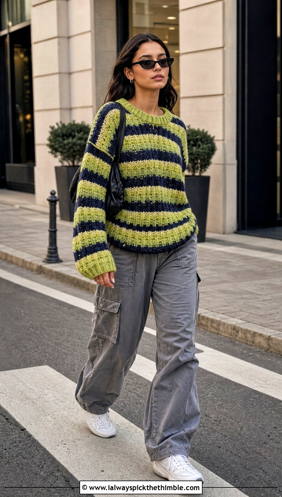 Striped Crochet Chenille Sweater With Cargo Pants - 20 crochet chenille sweater outfit ideas
