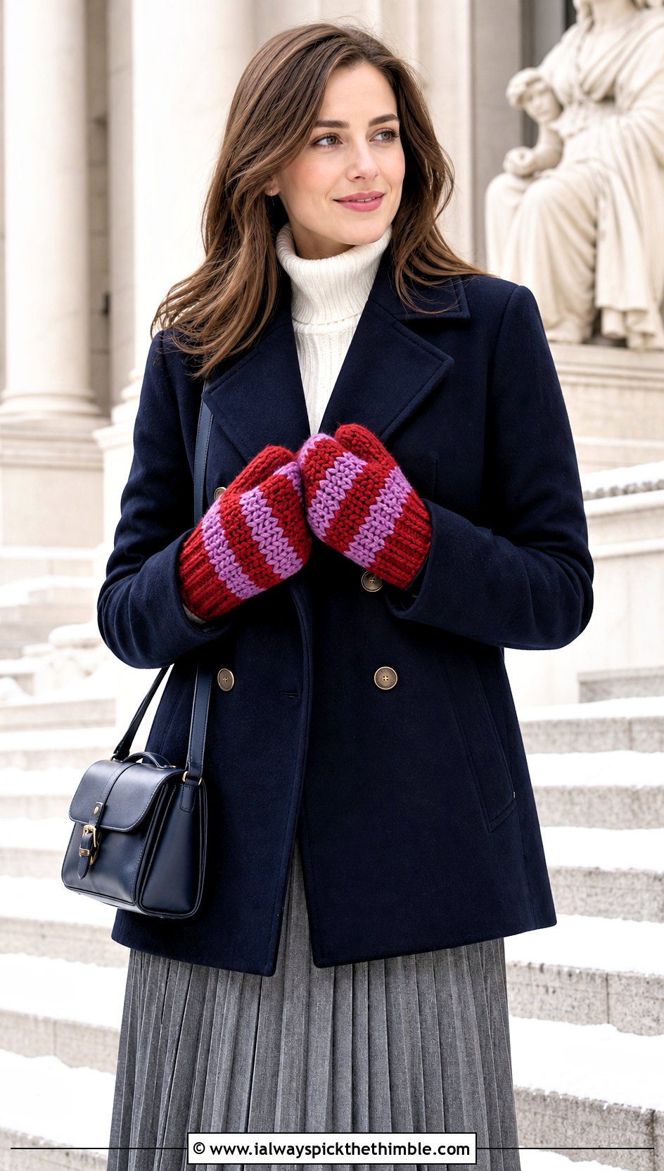 Striped Crochet Chunky Mittens With Peacoat And Pleated Skirt - 20 crochet chunky mittens outfit ideas