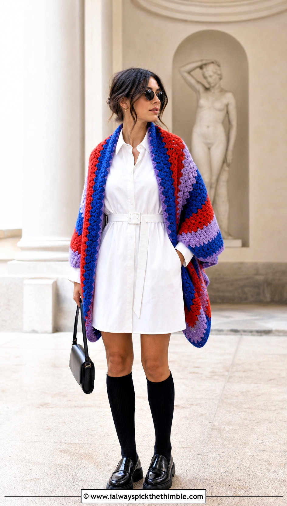 Striped Crochet Chunky Shawl With White Shirt Dress - 20 Crochet Chunky Shawl outfit ideas