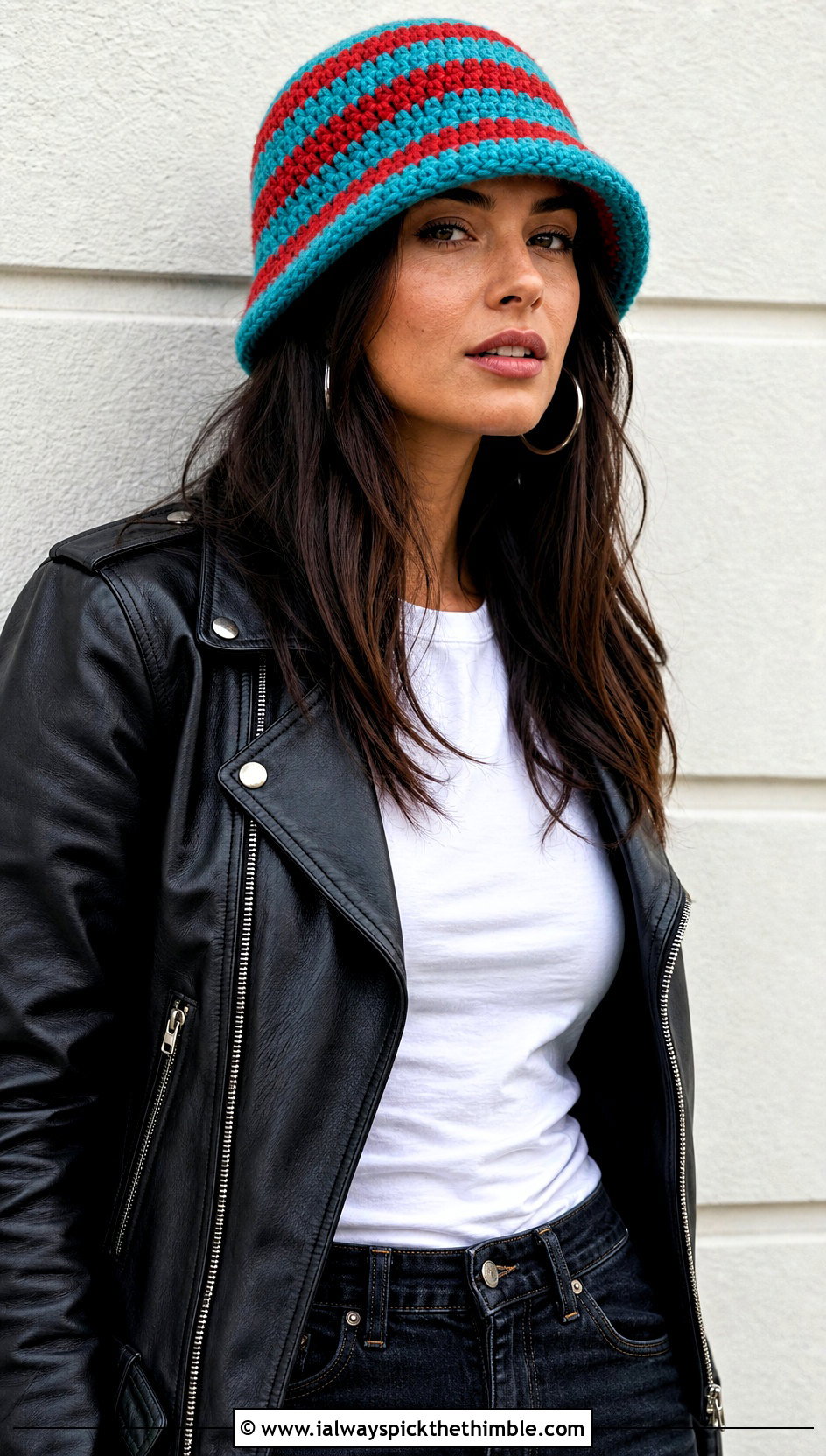 Striped Crochet Cloche Hat With Leather Jacket - 25 crochet cloche hat outfit ideas