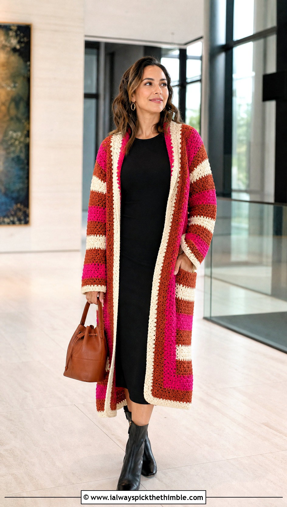 Striped Crochet Coat With Black Midi Dress - 20 women crochet coat outfit ideas