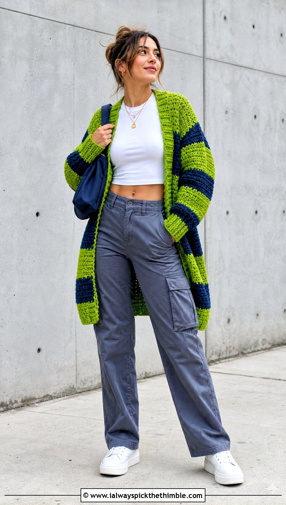 Striped Crochet Cocoon Cardigan With Cargo Pants - 15 Easy Crochet Cocoon Cardigan outfit ideas