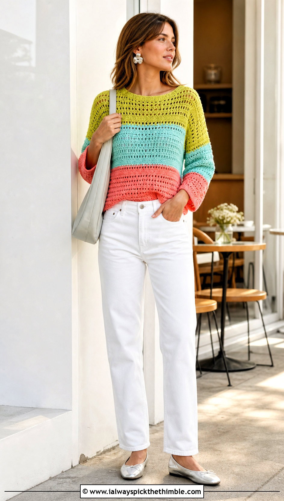Striped Crochet Colorblock Sweater With White Jeans - 20 crochet colorblock sweater outfit ideas