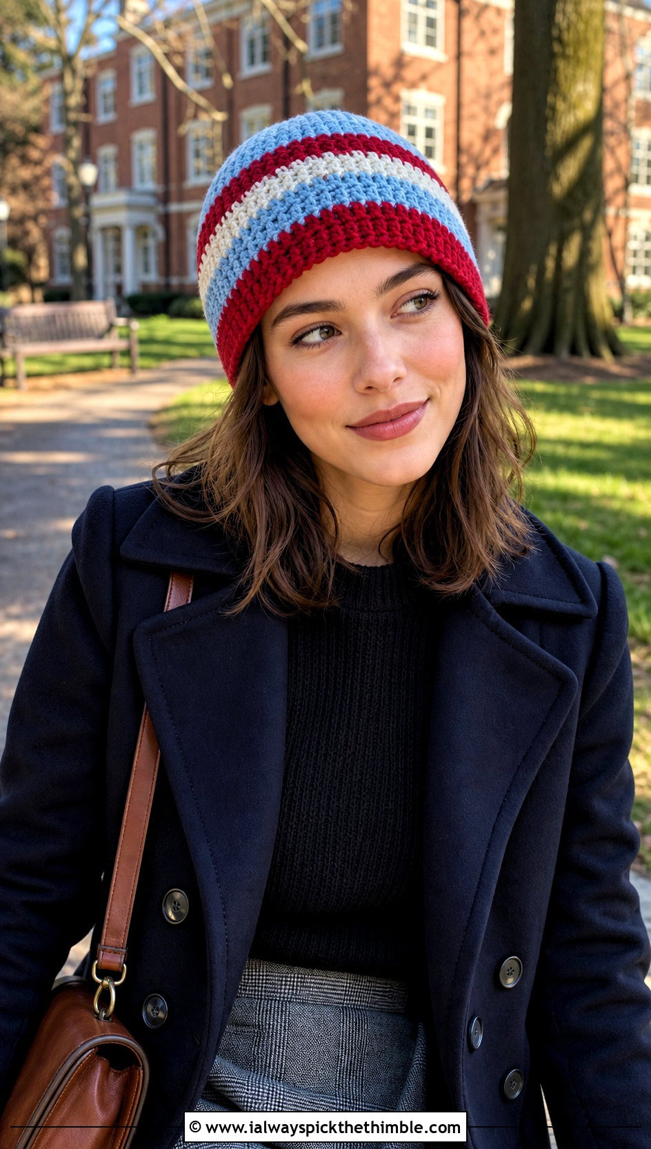 Striped Crochet Cowl Hat With Peacoat And Plaid Skirt - 20 crochet cowl hat outfit ideas