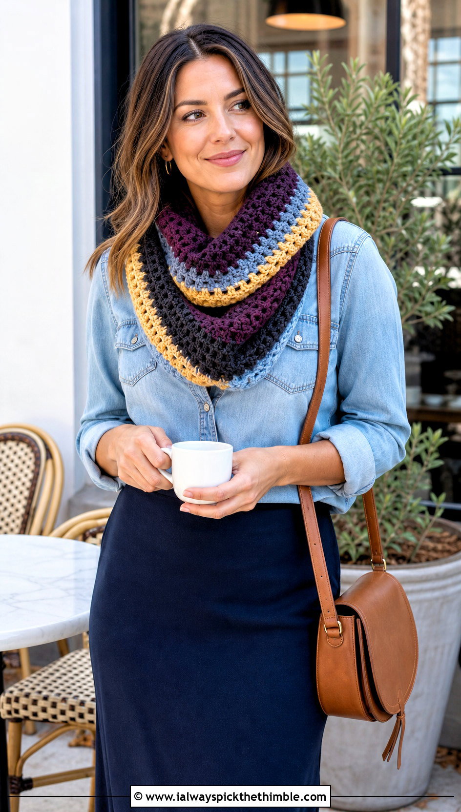 Striped Crochet Cowl Scarf With Denim Shirt And Maxi Skirt - 25 crochet cowell scarf outfit ideas