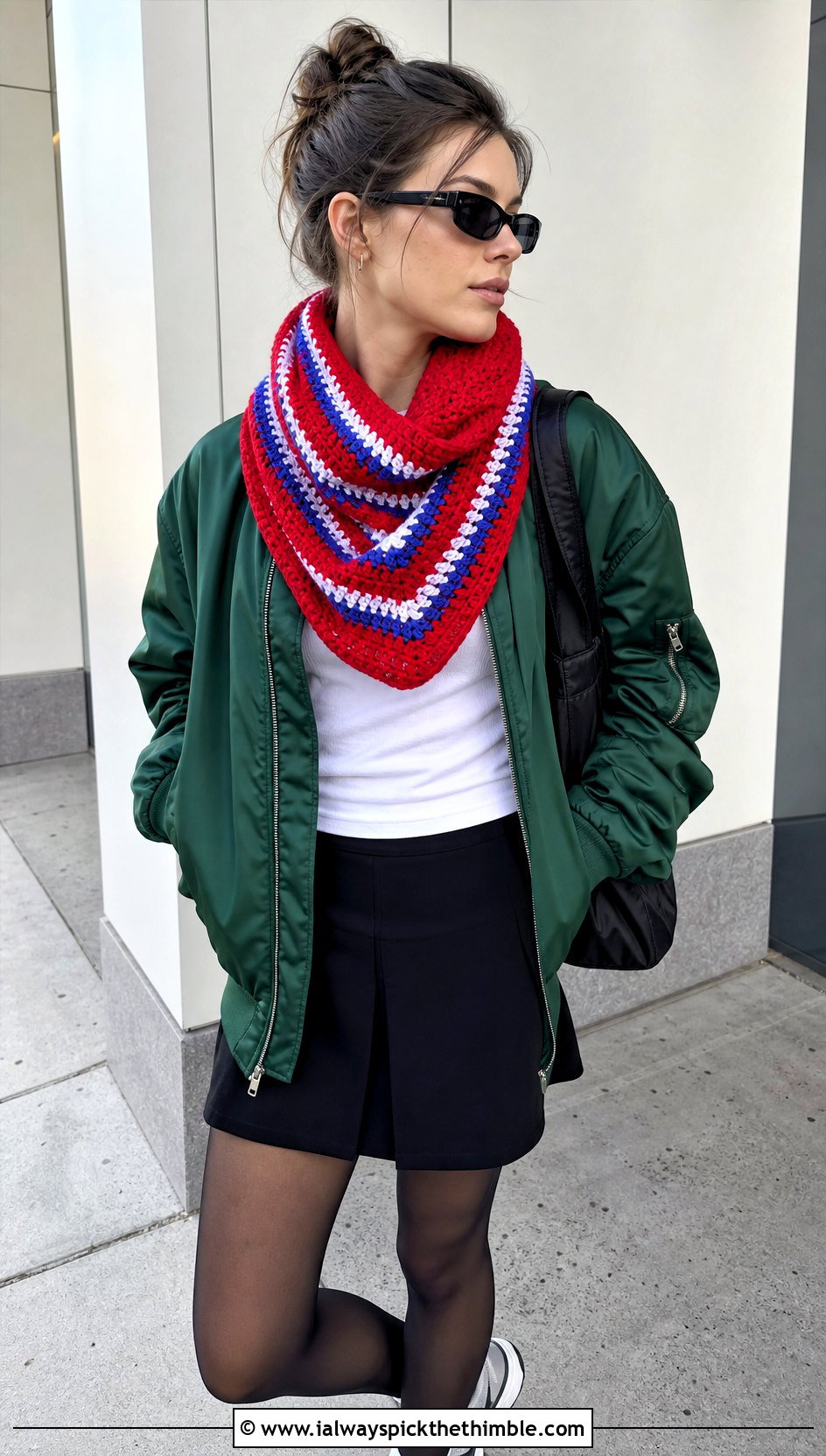 Striped Crochet Cowl With Bomber Jacket And Miniskirt - 20 Simple Crochet Cowl outfit ideas