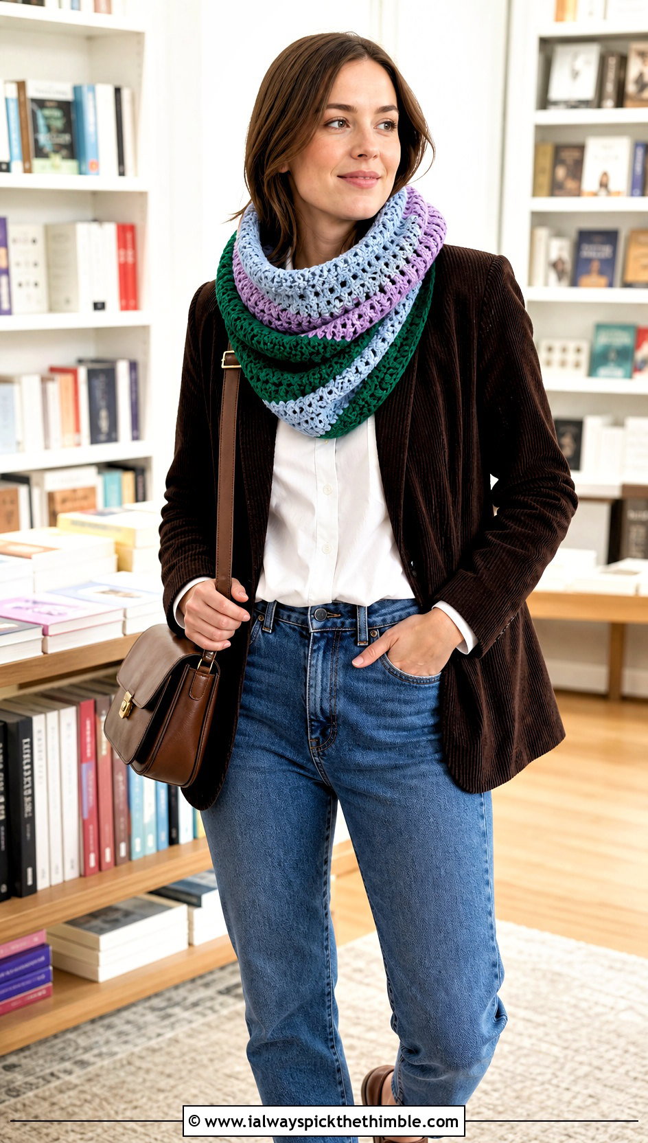 Striped Crochet Cowl With Corduroy Blazer - 20 Wool Ease Thick And Quick Crochet Cowl outfit ideas