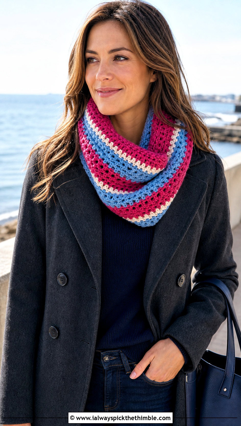 Striped Crochet Cowl With Peacoat - 25 crochet cowl neck warmer outfit ideas