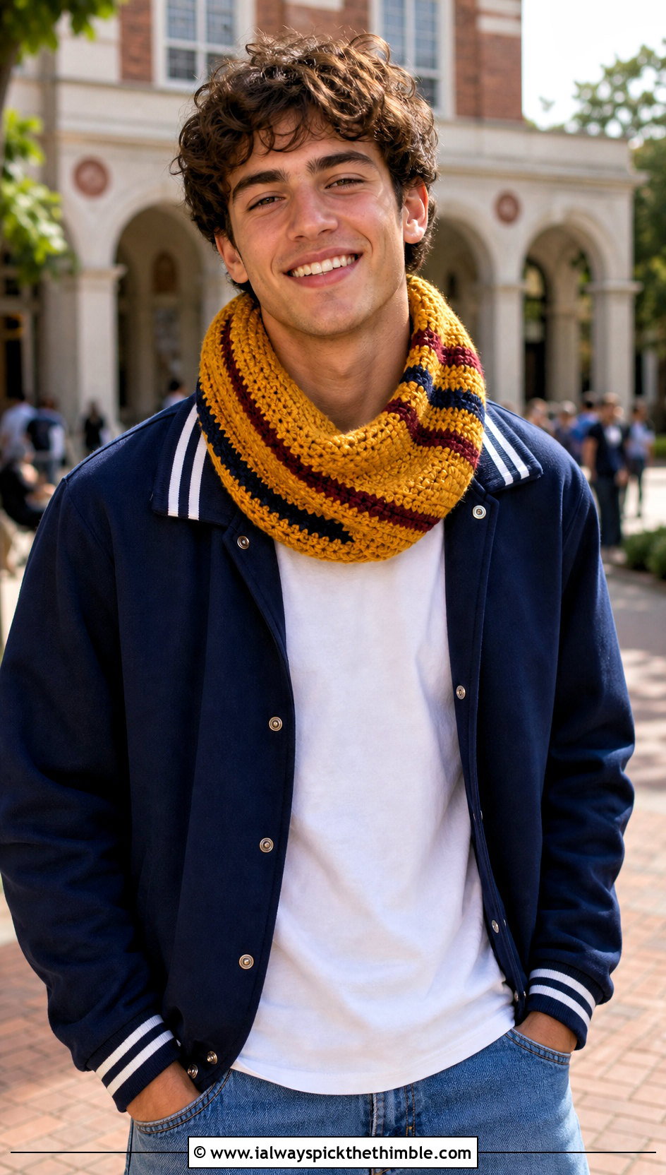 Striped Crochet Cowl With Varsity Jacket - 20 crochet cowl for men outfit ideas