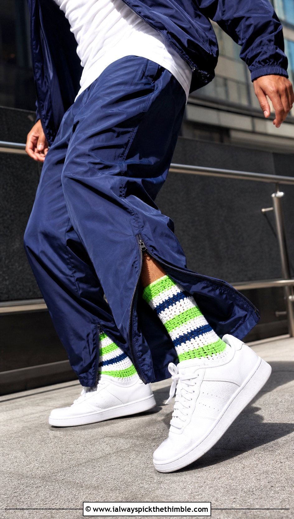 Striped Crochet Crew Socks With Track Pants And Sneakers - 25 easy crocheted socks outfit ideas