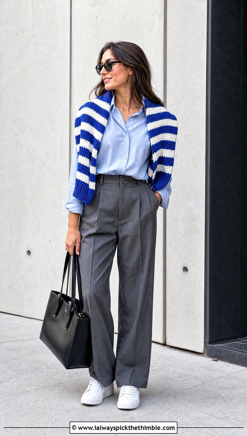 Striped Crochet Crewneck Over Shoulders With Pleated Trousers - 20 Crochet Over The Shoulder Sweater outfit ideas