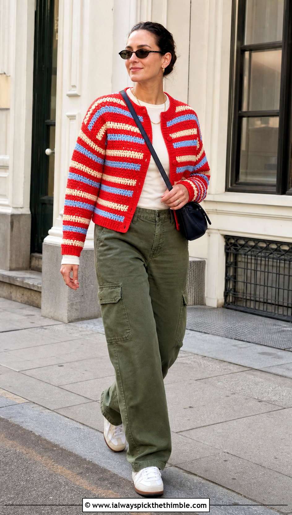 Striped Crochet Crewneck Sweater With Cargo Pants - 15 Crochet For Ladies Sweaters outfit ideas