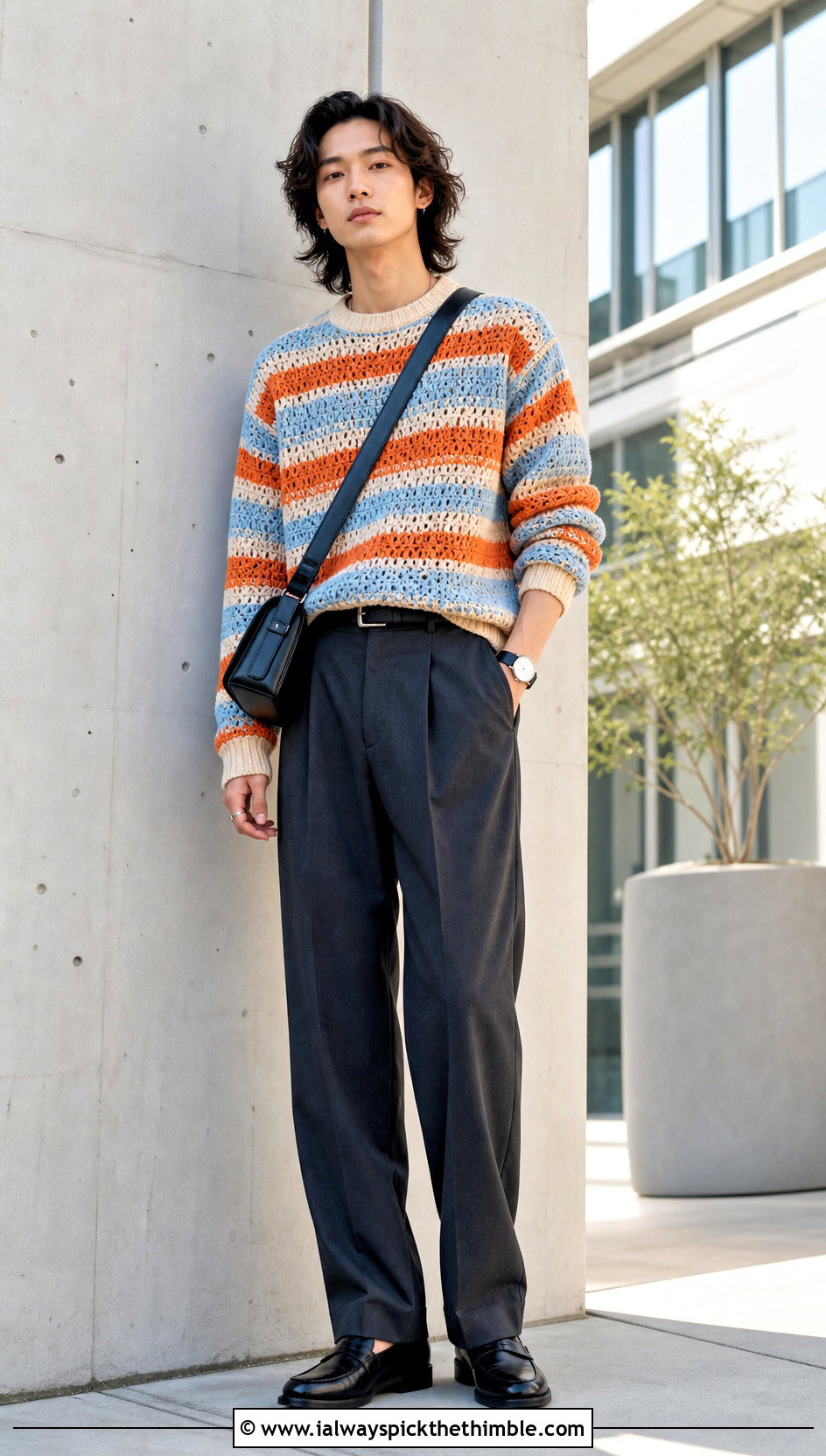 Striped Crochet Crewneck Sweater With Pleated Trousers - 20 unisex crochet sweater outfit ideas