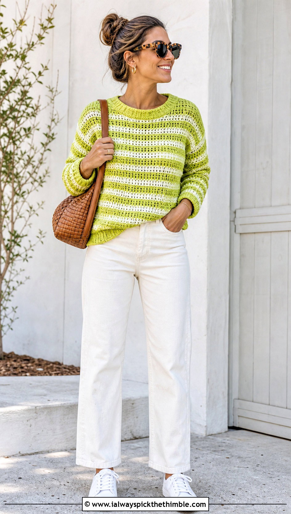 Striped Crochet Crewneck Sweater With White Jeans - 20 crochet crewneck sweater outfit ideas