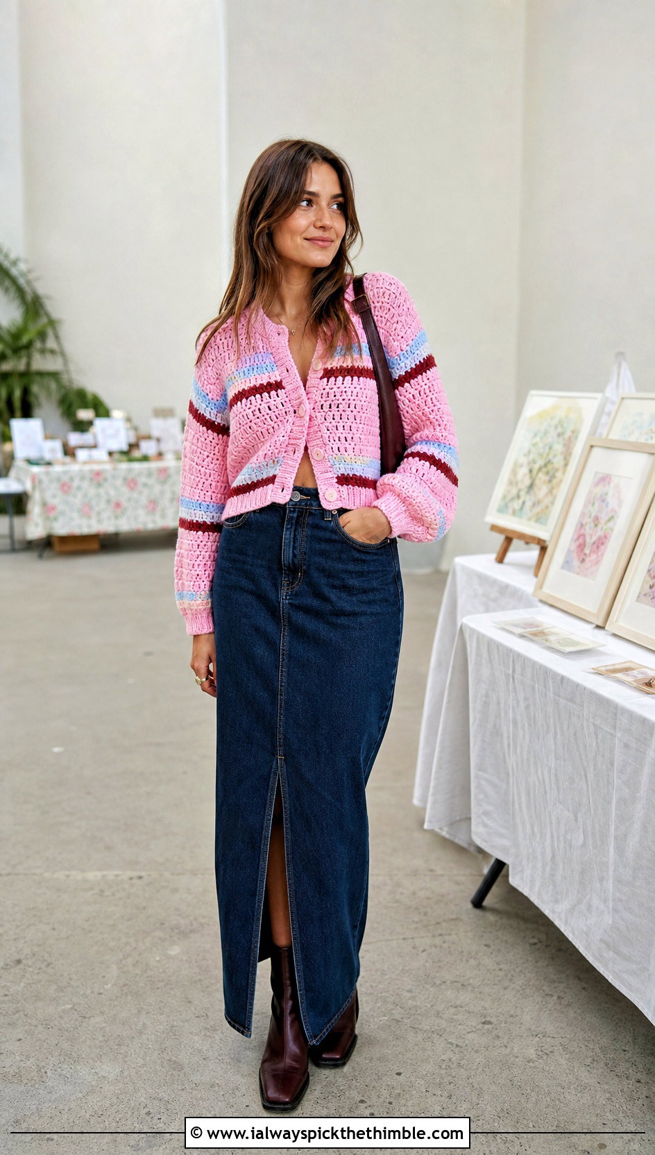 Striped Crochet Crop Cardigan With Denim Maxi Skirt - 20 Chunky Crochet Crop Cardigan outfit ideas