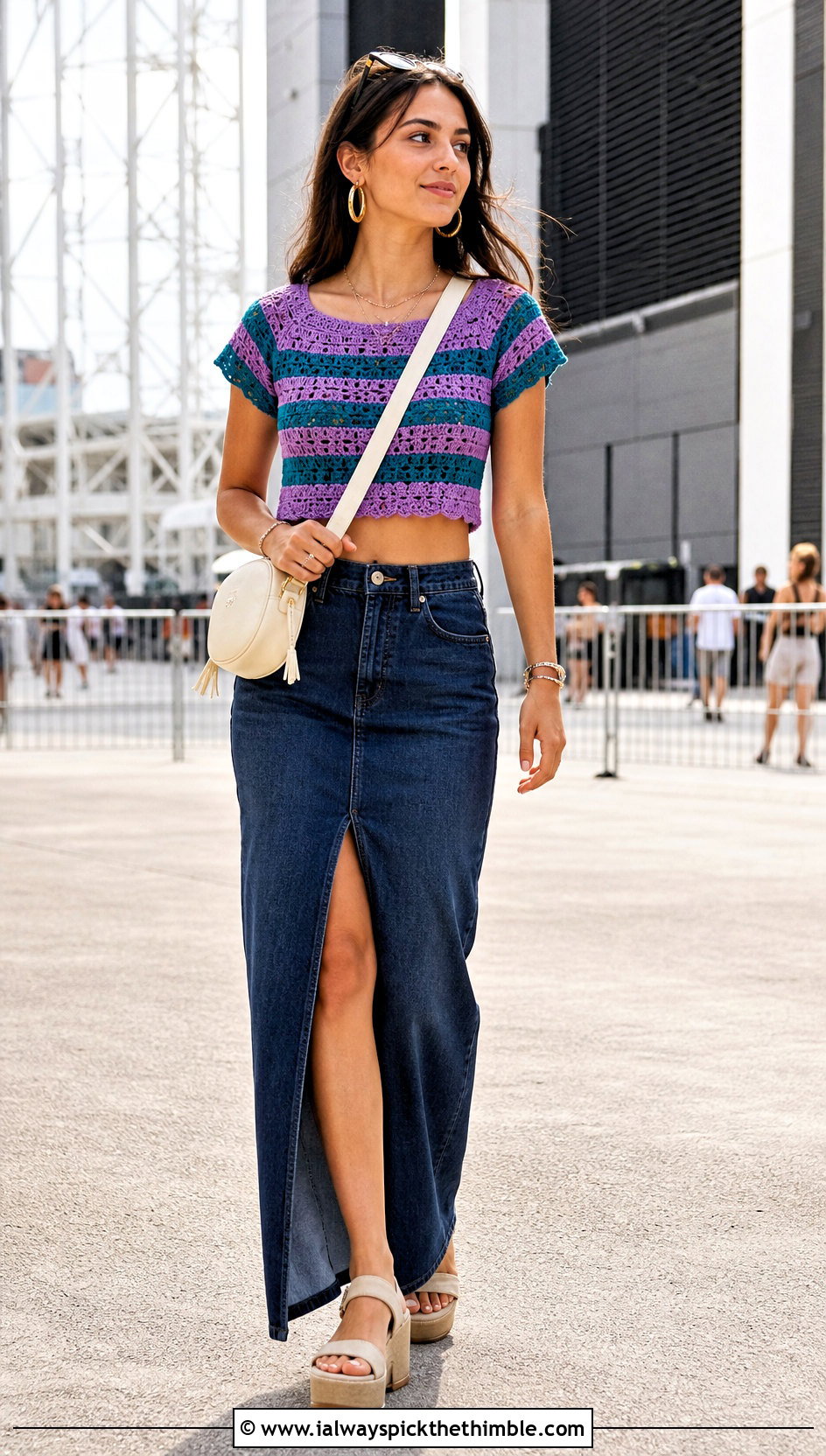 Striped Crochet Cropped Tee With Denim Maxi Skirt - 25 striped crochet top outfit ideas