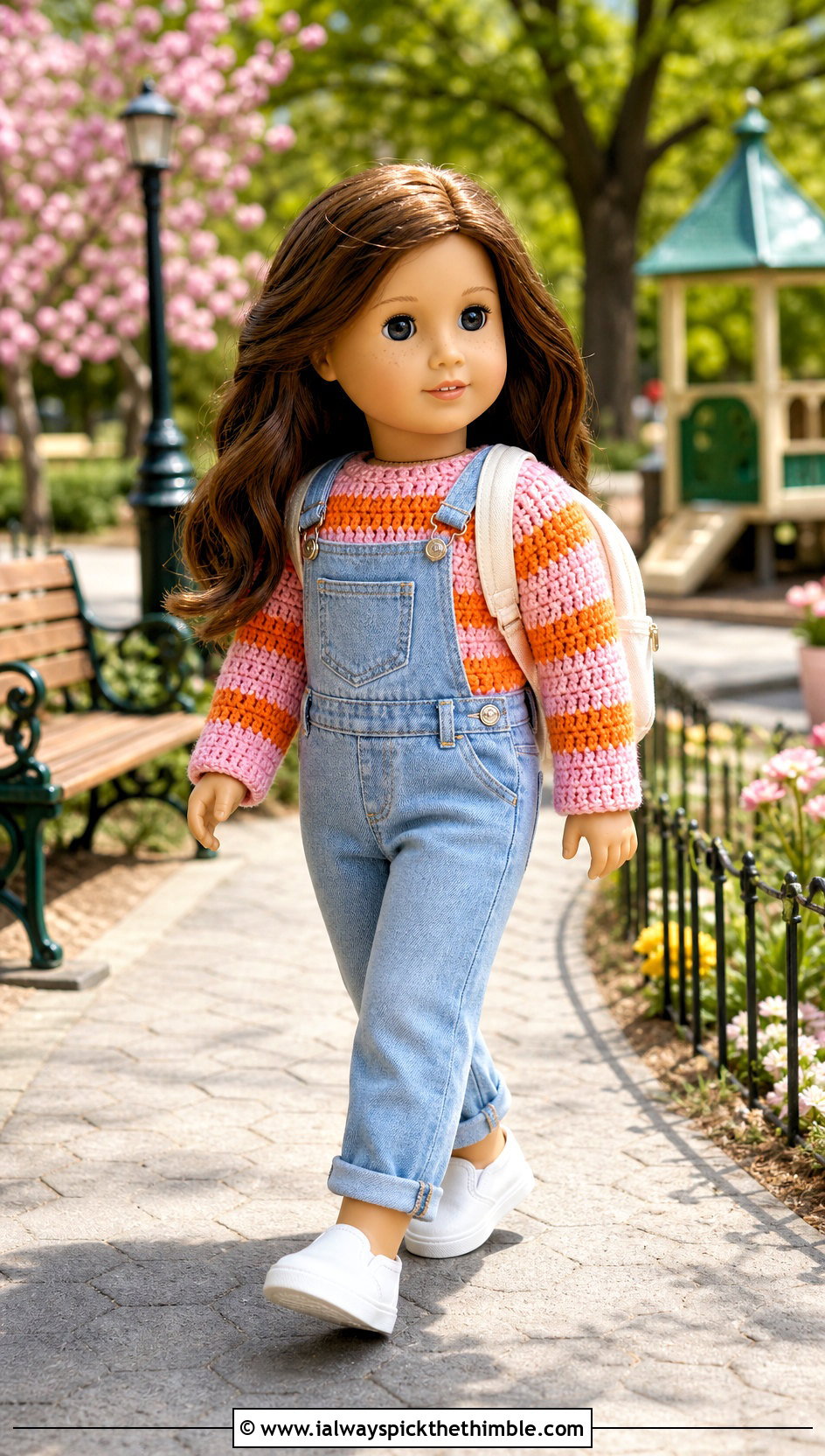 Striped Crochet Doll Sweater With Denim Overalls - 25 crochet doll sweater outfit ideas