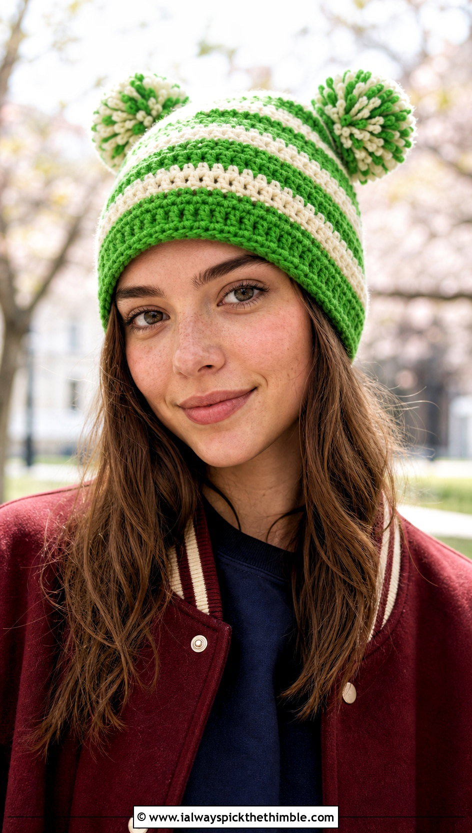 Striped Crochet Double Pom Pom Beanie With Varsity Jacket - 20 Crochet Hat With Two Pom Poms outfit ideas