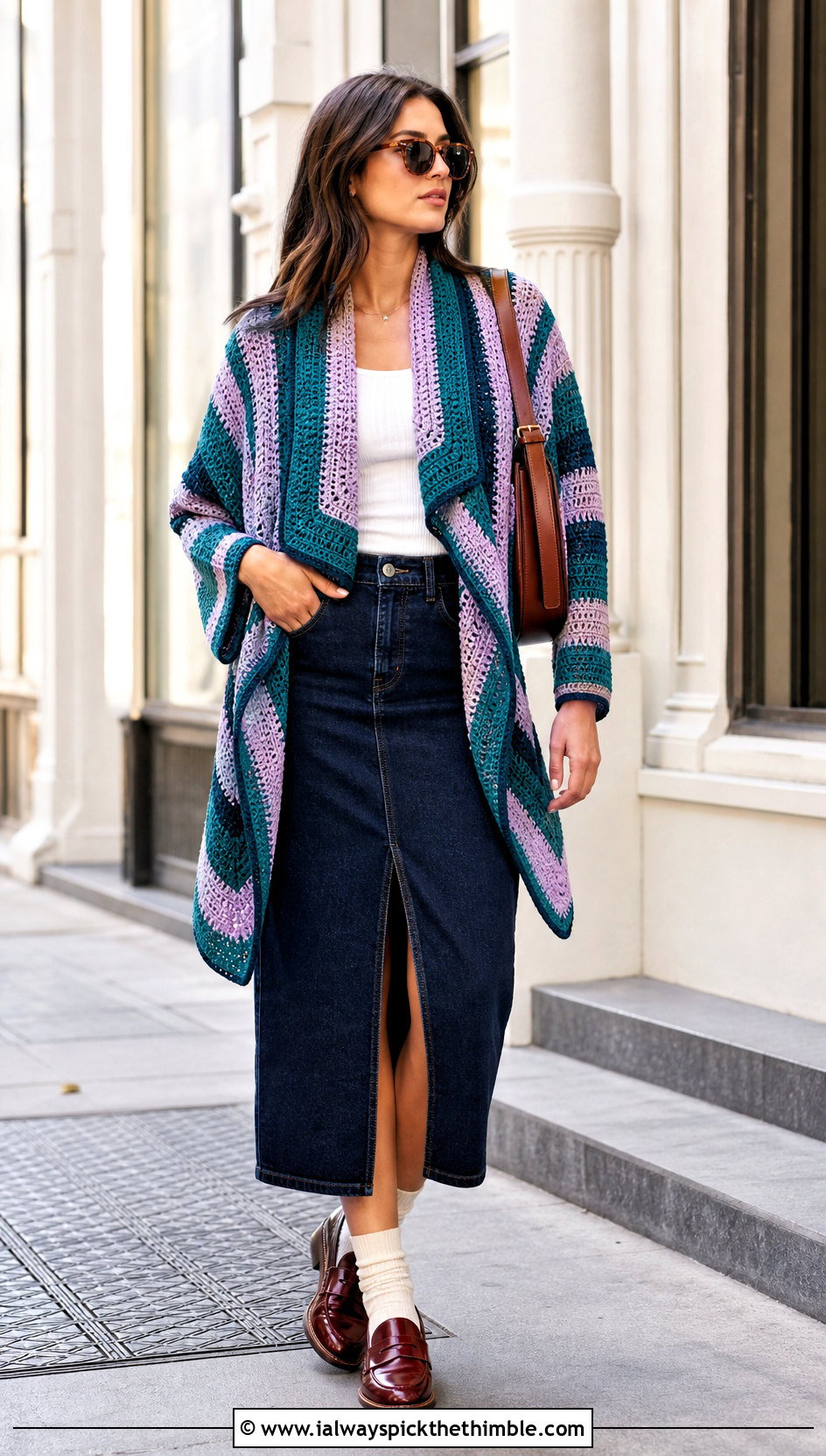 Striped Crochet Drape Cardigan With Denim Midi Skirt - 15 Crochet Drape Cardigan outfit ideas