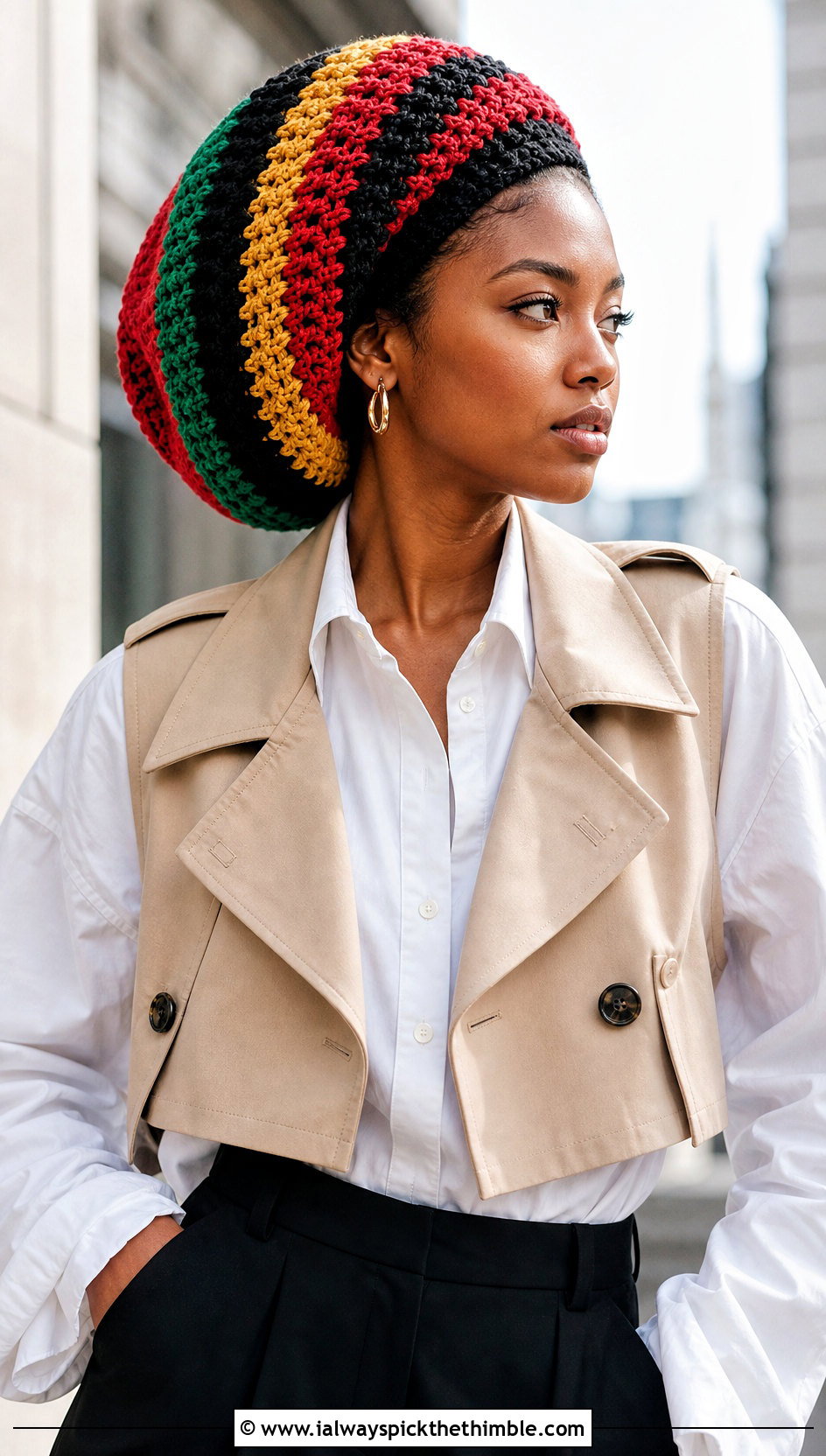 Striped Crochet Dread Tam With White Shirt - 20 Crochet Dread Cap outfit ideas