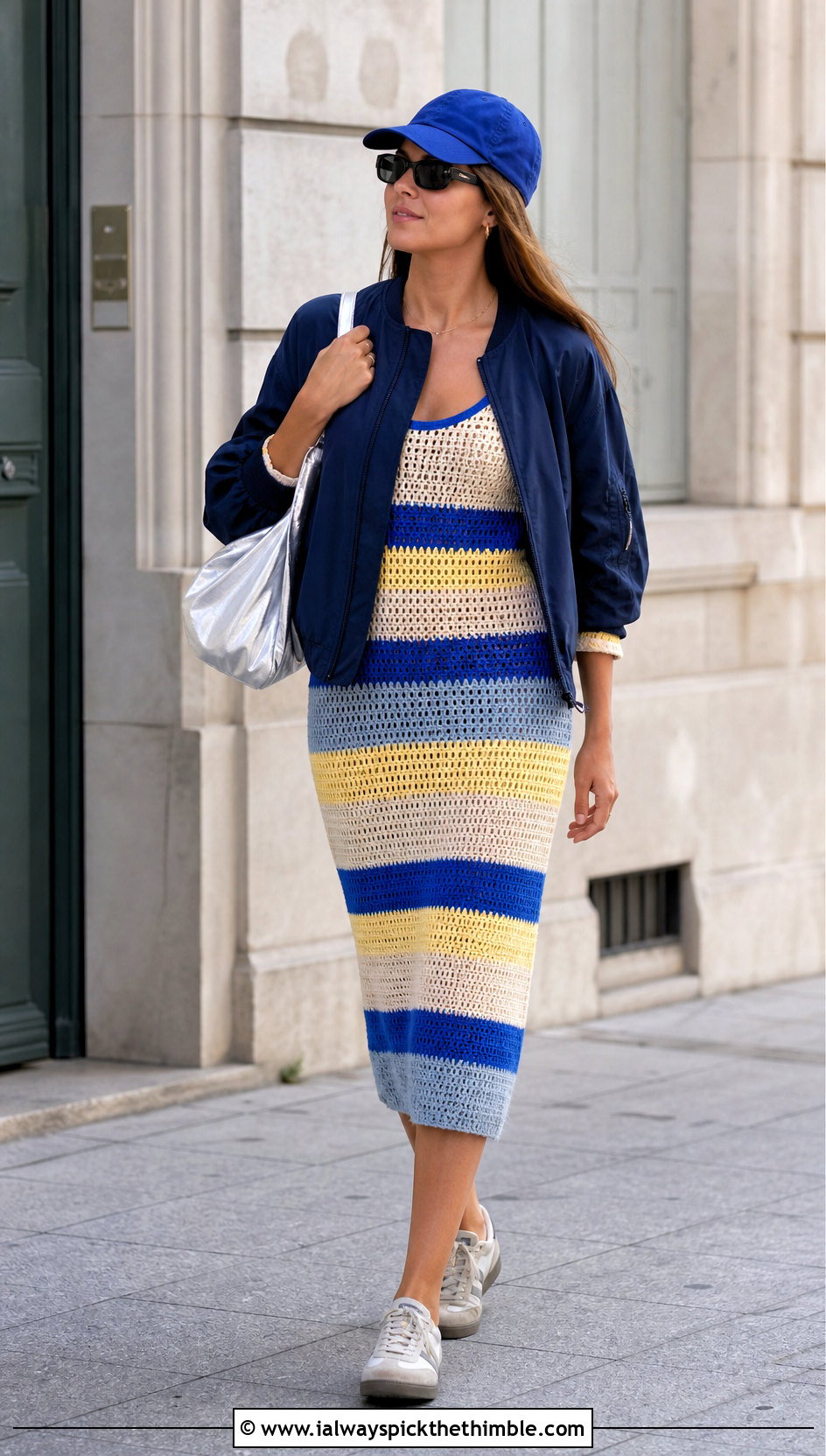 Striped Crochet Dress With Retro Sneakers - 25 crochet dress ideas