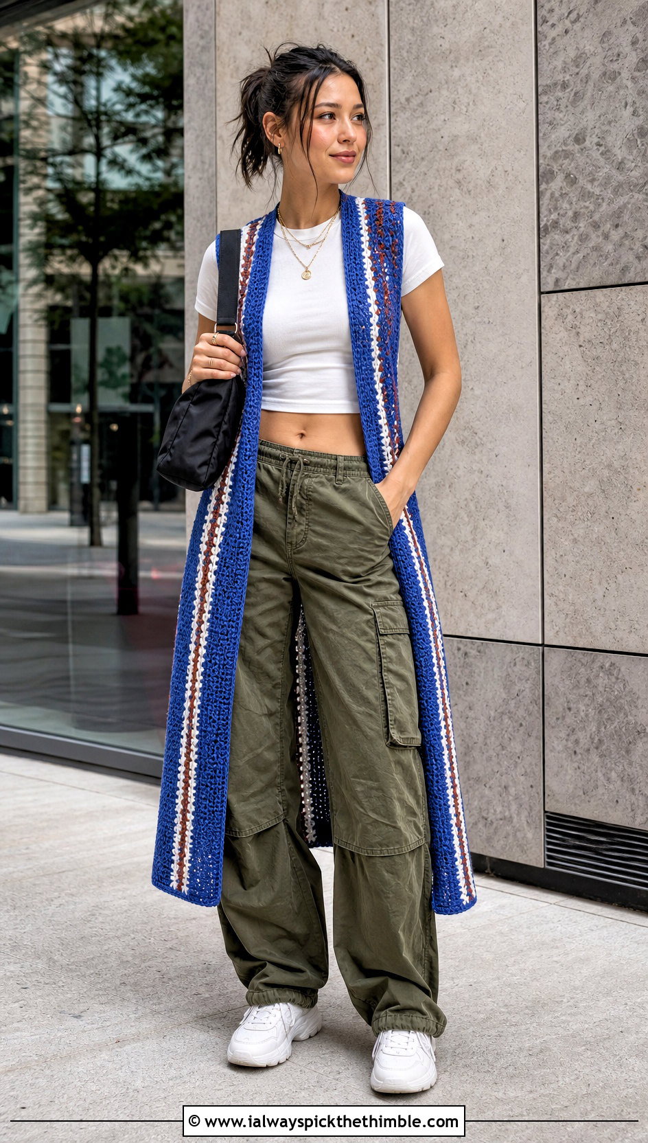 Striped Crochet Duster Vest With Cargo Pants - 20 crochet duster vest outfit ideas
