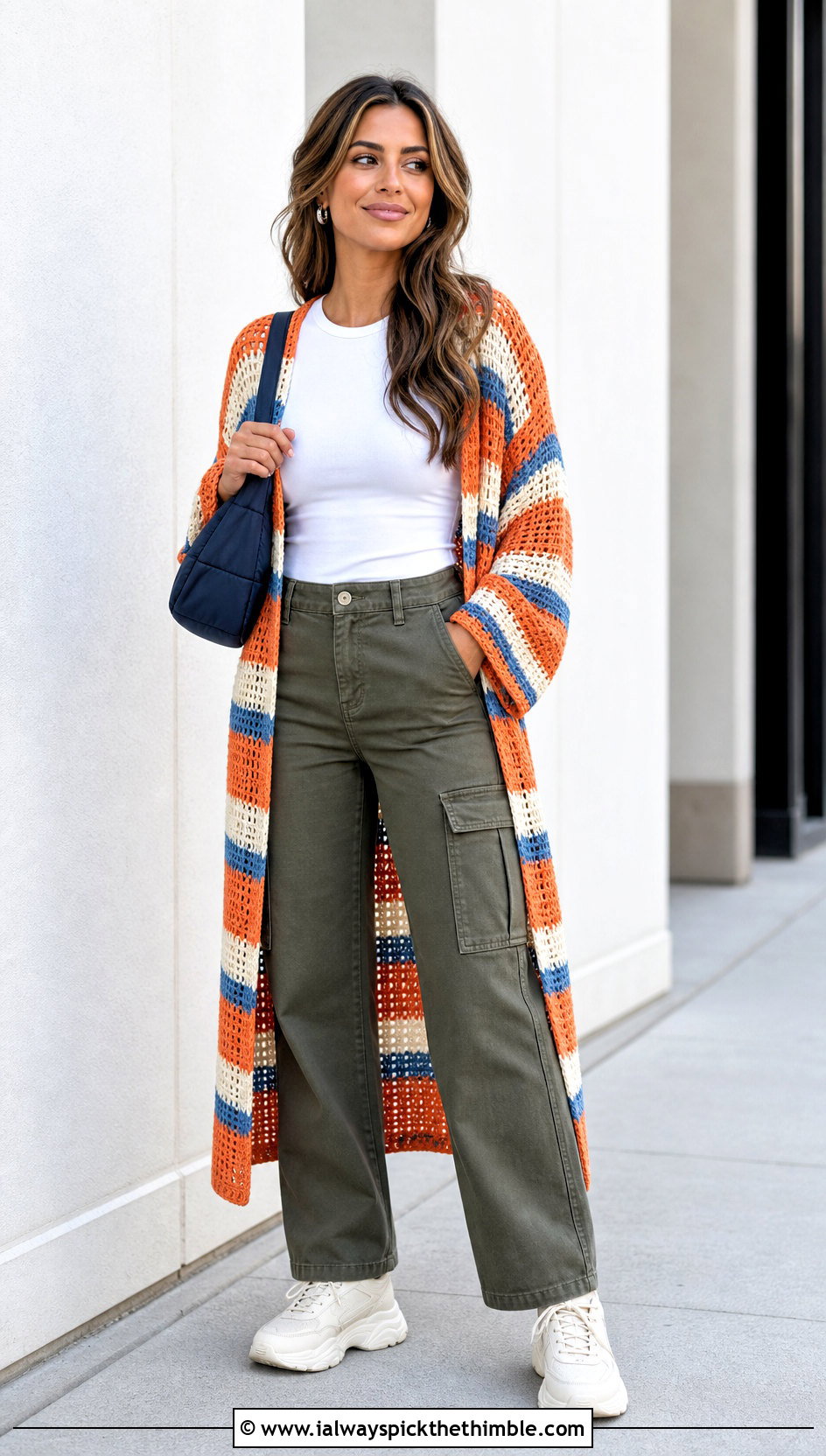 Striped Crochet Duster With White Tee And Cargo Pants - 20 crochet duster outfit ideas