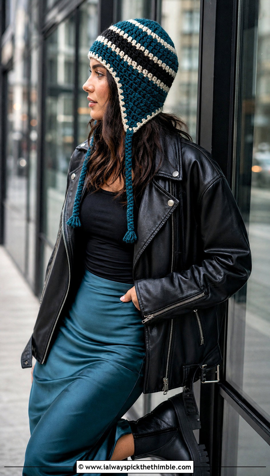 Striped Crochet Ear Flap Beanie With Leather Jacket - 20 crochet ear flap beanie outfit ideas