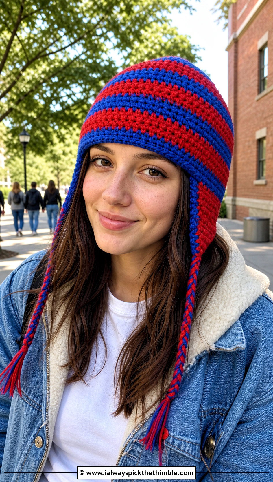 Striped Crochet Ear Flap Hat With Denim Jacket - 20 crochet adult ear flap hat outfit ideas