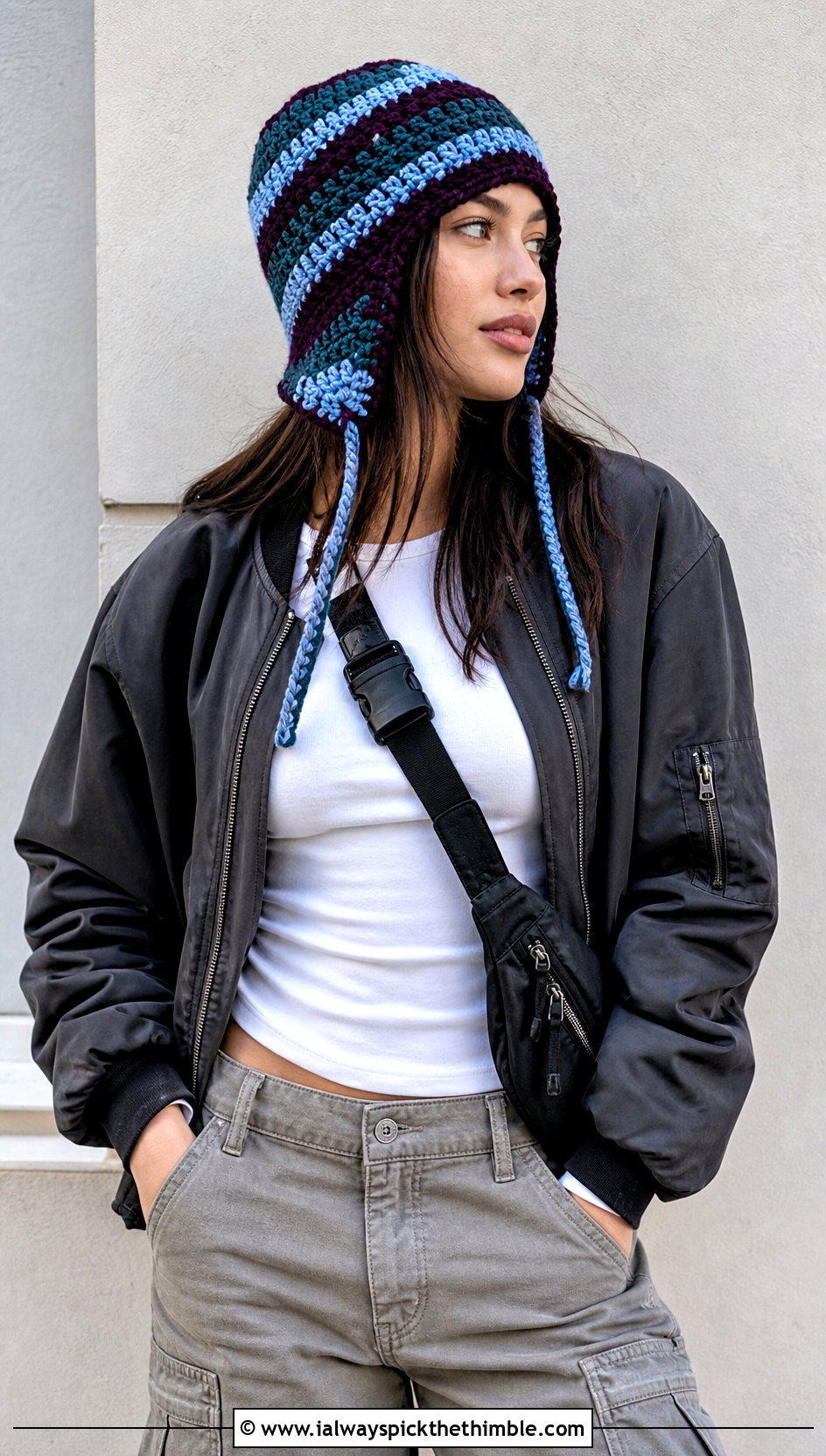Striped Crochet Earflap Beanie With Cargo Pants - 25 crochet earflap hat outfit ideas