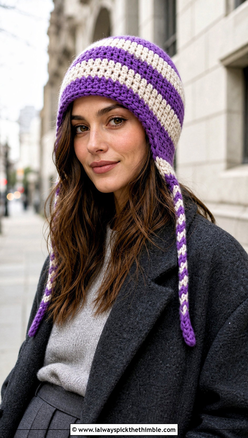 Striped Crochet Earflap Beanie With Long Wool Coat - 20 crochet earflap beanie outfit ideas