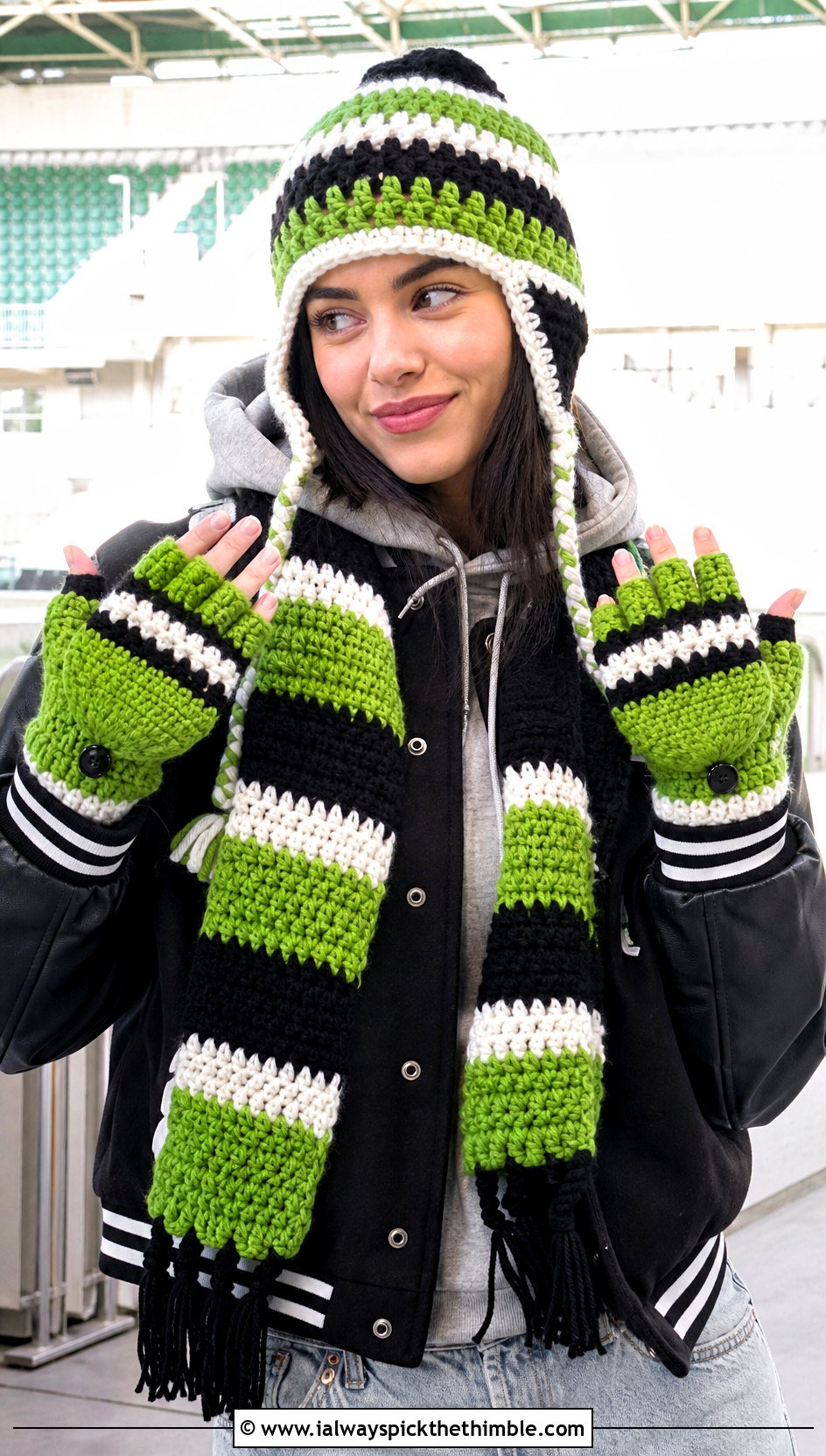 Striped Crochet Earflap Hat Scarf And Flip Top Mittens With Varsity Jacket - 20 Crochet Hat Mittens Scarf Set outfit ideas