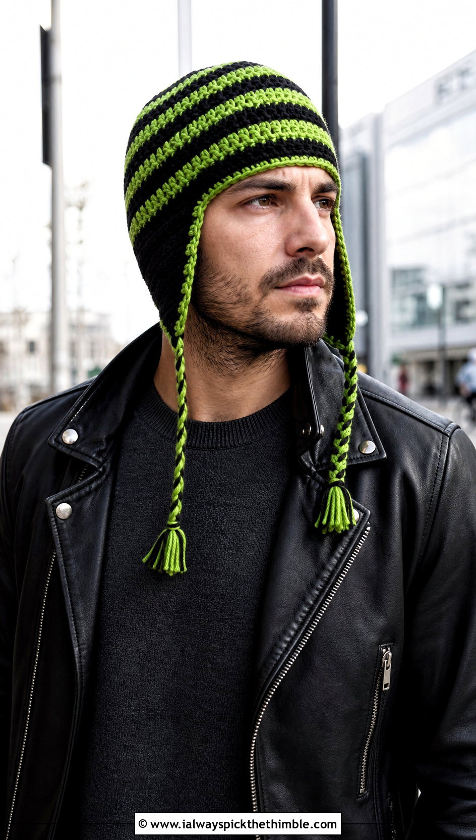 Striped Crochet Earflap Hat With Leather Jacket - 20 Mens Crochet Earflap Hat outfit ideas