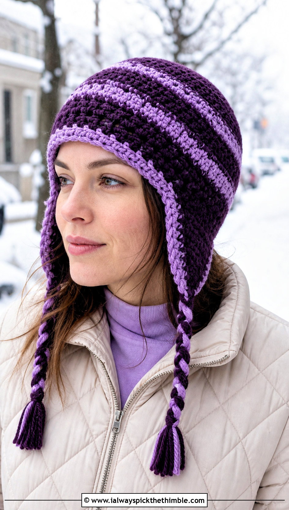 Striped Crochet Earflap Hat With Quilted Jacket And Corduroy Pants - 20 striped crochet hat outfit ideas