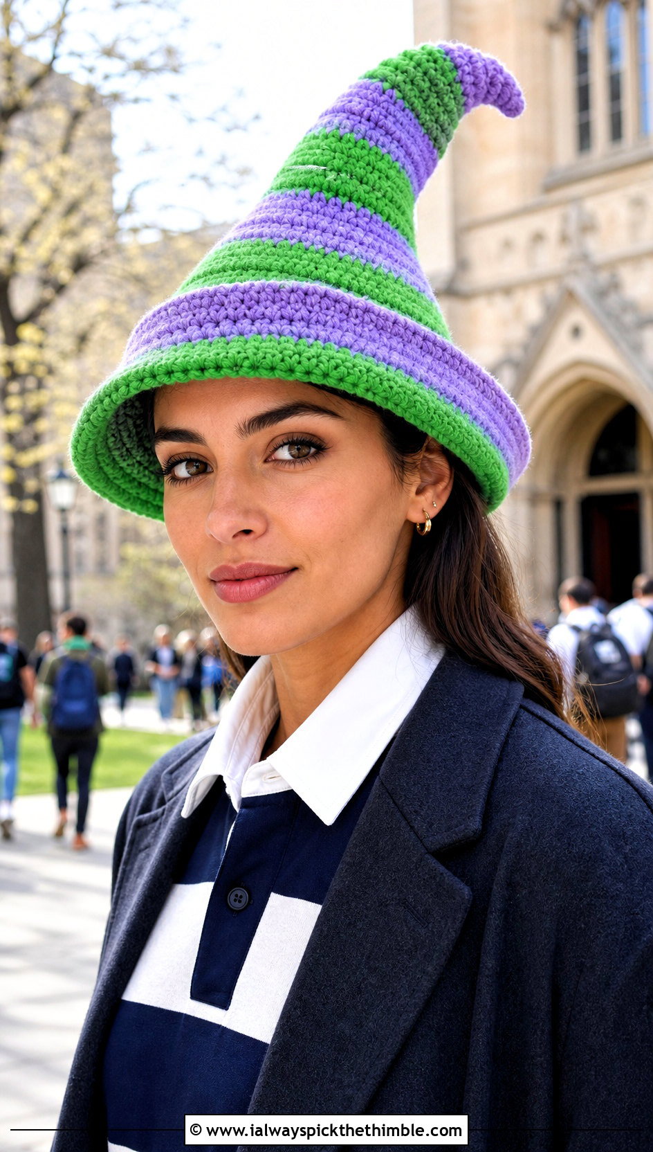 Striped Crochet Elphaba Hat With Rugby Shirt - 20 Crochet Elphaba Hat outfit ideas
