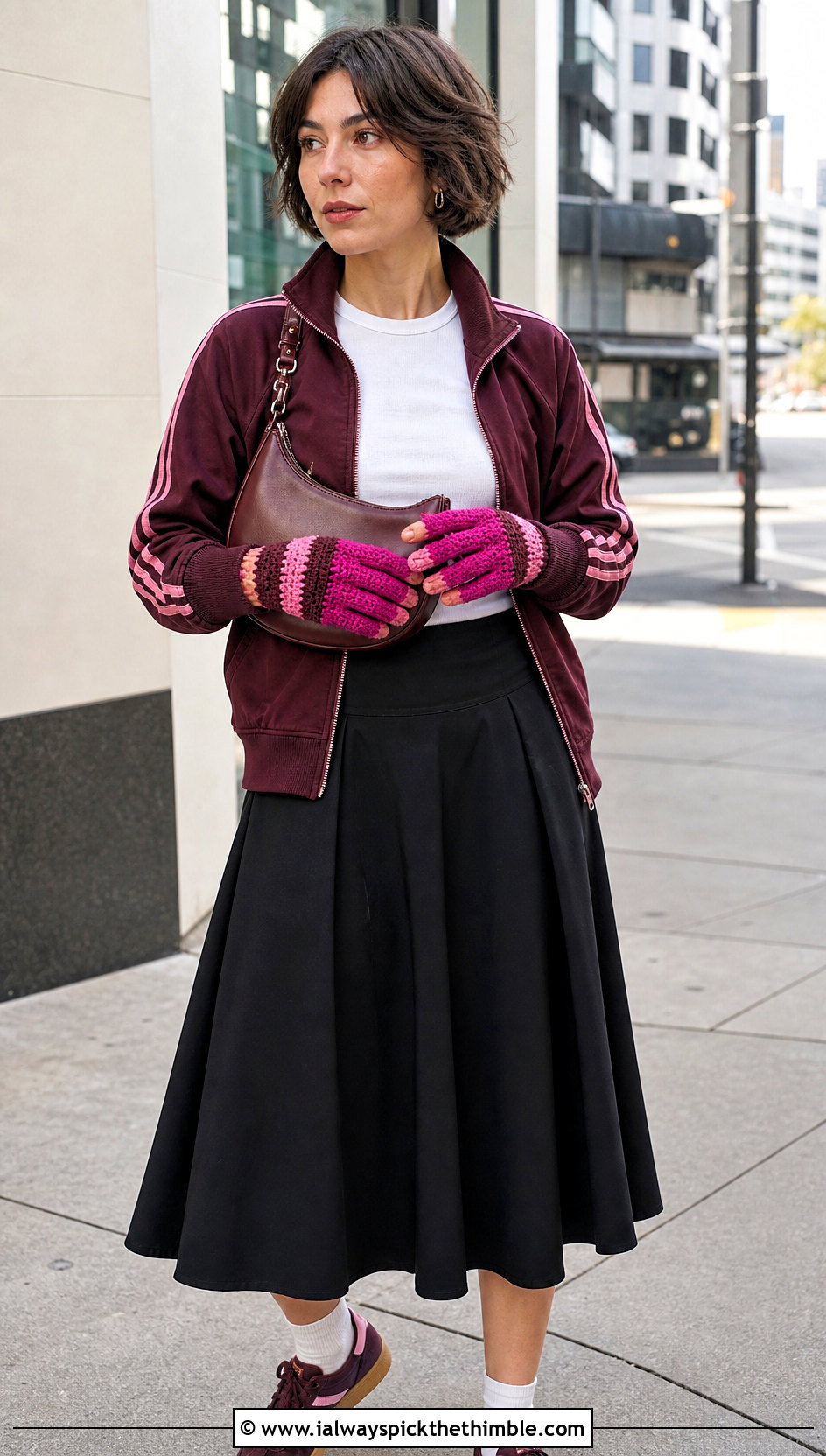 Striped Crochet Fingered Gloves With Track Jacket And Midi Skirt - 15 Crochet Fingered Gloves outfit ideas