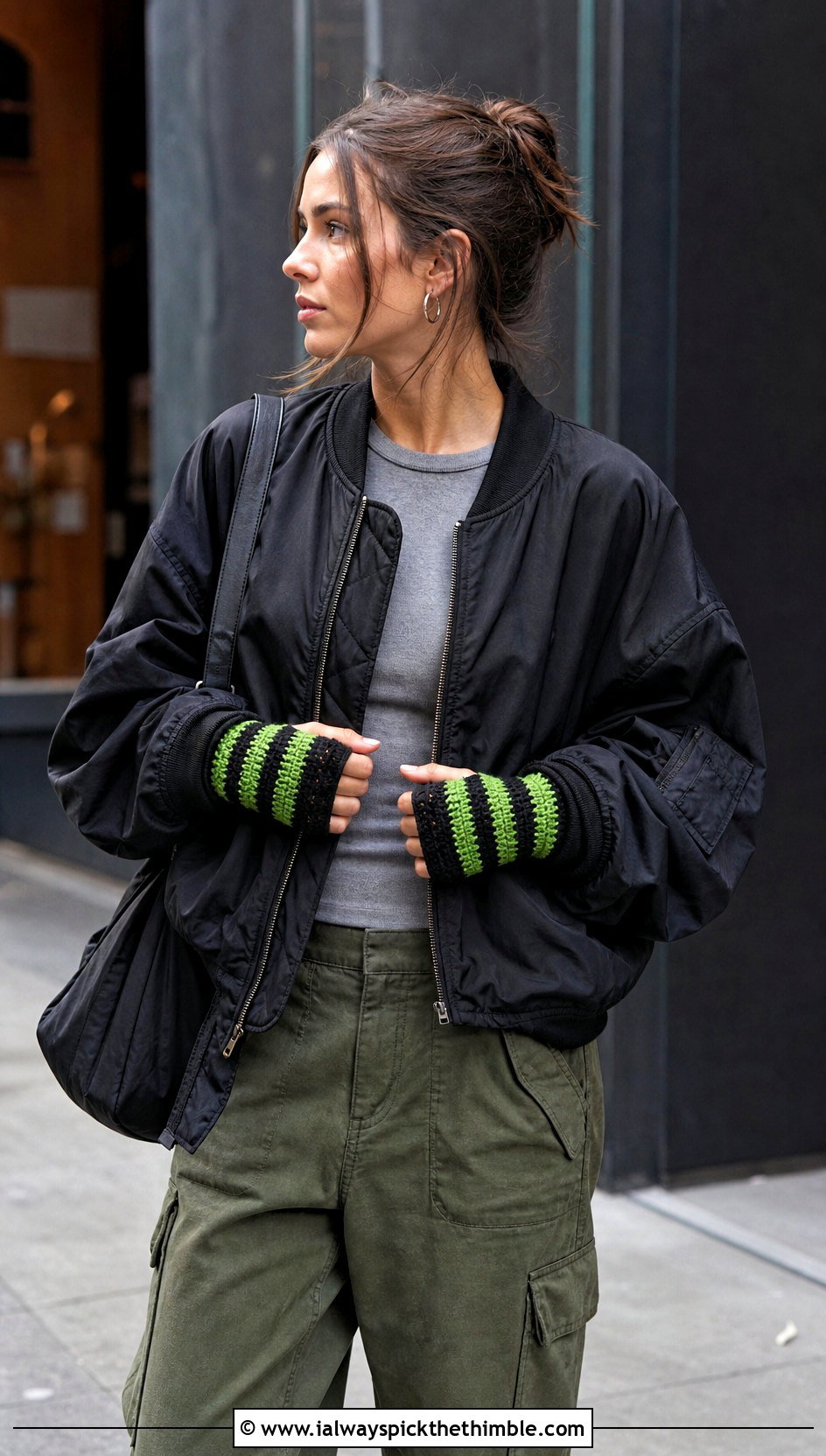 Striped Crochet Fingerless Gloves With Bomber Jacket And Cargo Pants - 20 Diy Crochet Fingerless Gloves outfit ideas