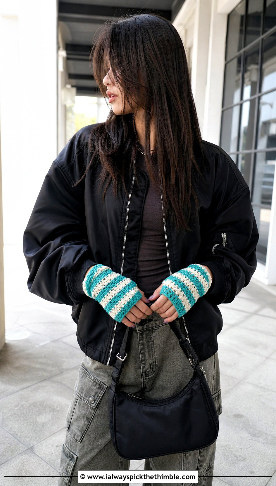 Striped Crochet Fingerless Gloves With Bomber Jacket - 25 crochet gloves outfit ideas