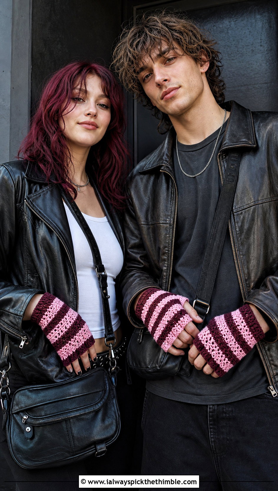 Striped Crochet Fingerless Gloves With Leather Jackets - 20 Crochet Gloves For Couples outfit ideas