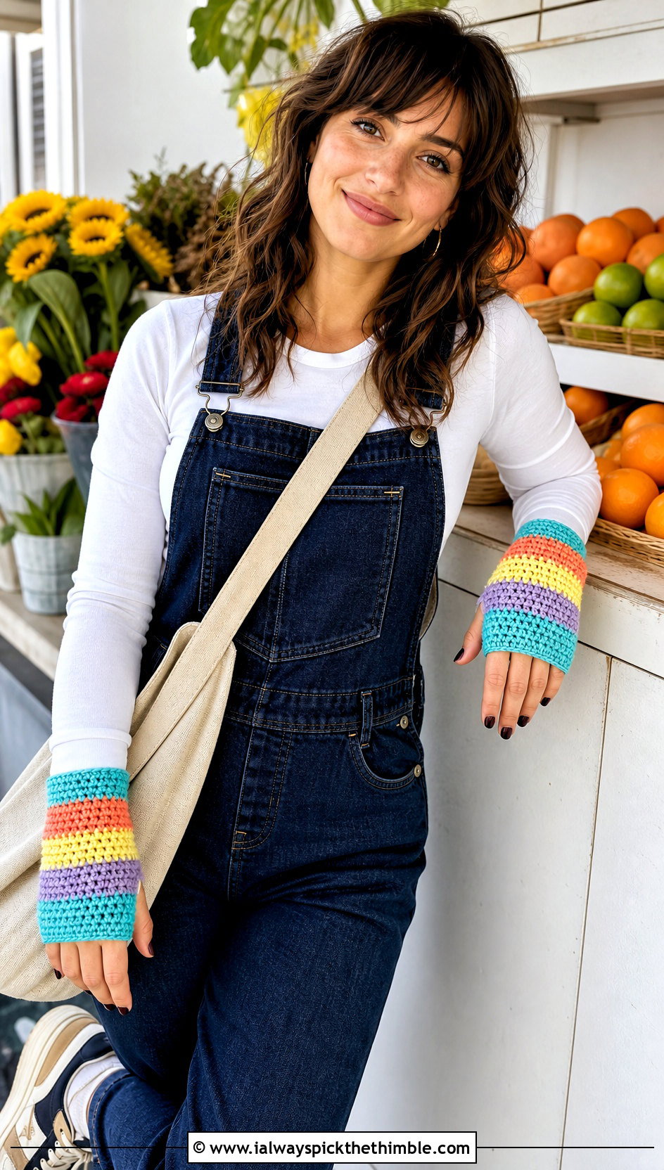 Striped Crochet Fingerless Gloves With Overalls - 25 easy crochet fingerless gloves outfit ideas