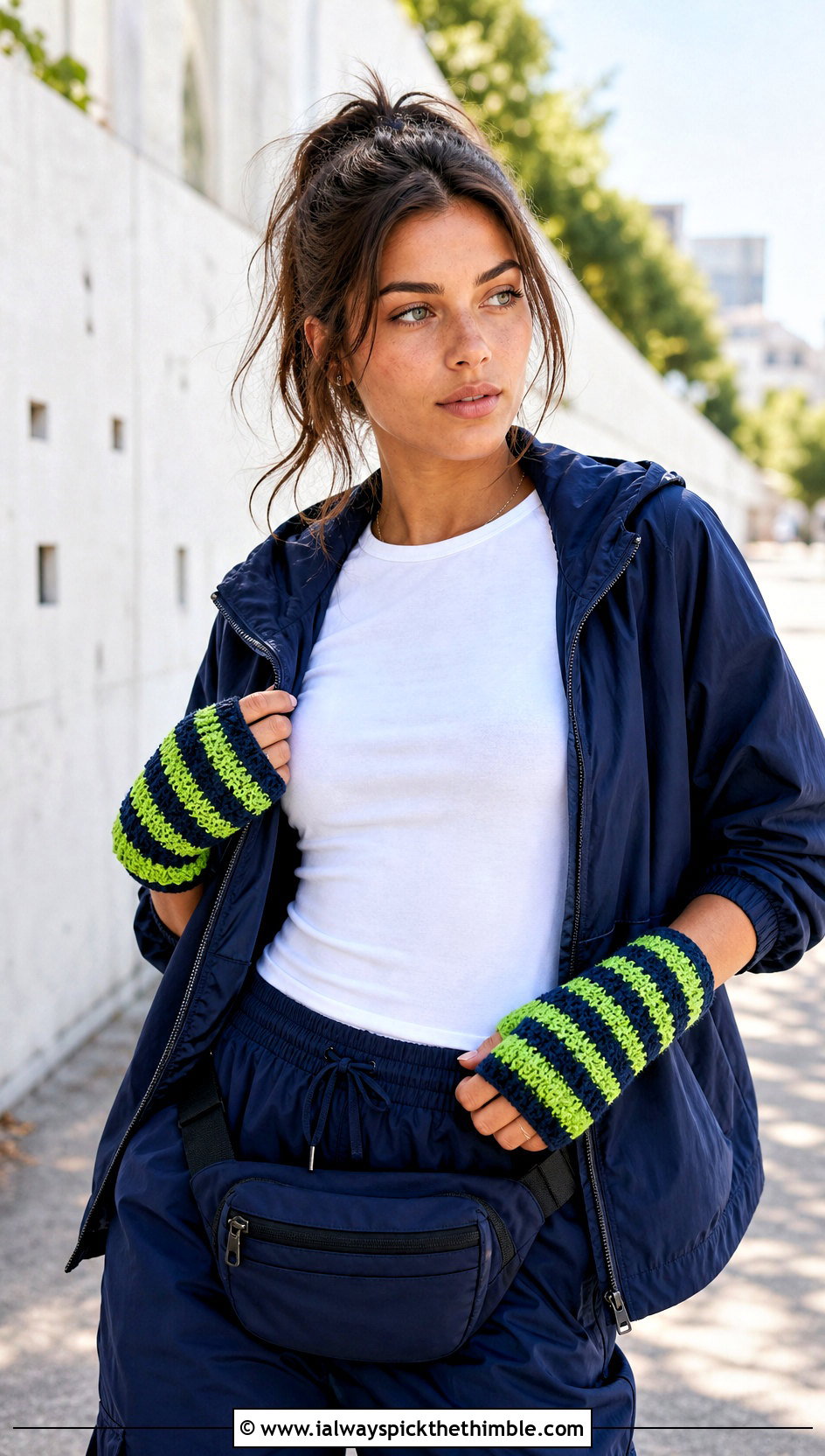 Striped Crochet Fingerless Gloves With Track Pants - 20 finger less crochet gloves outfit ideas