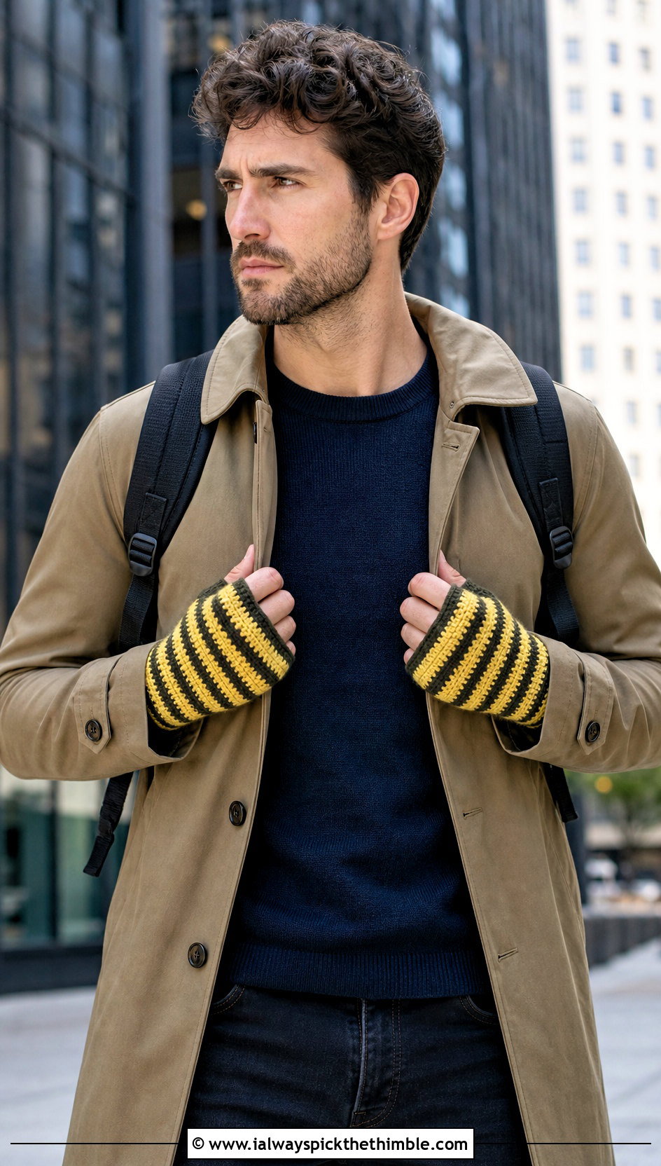Striped Crochet Fingerless Gloves With Trench Coat - 20 Crochet Mens Fingerless Gloves outfit ideas