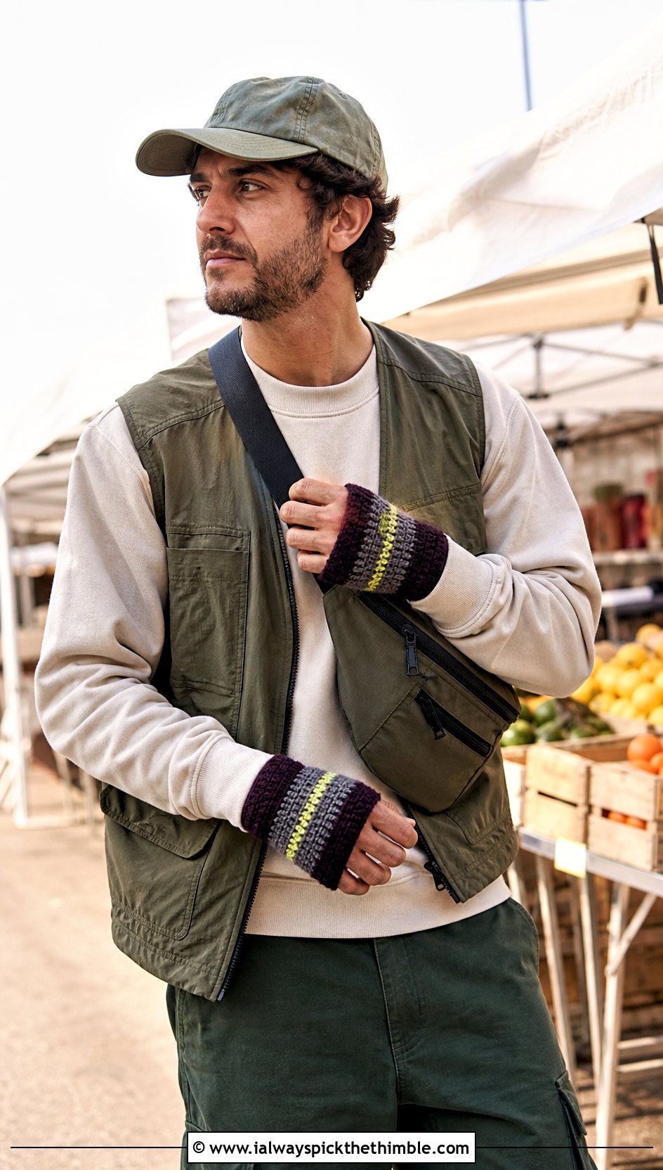 Striped Crochet Fingerless Gloves With Utility Vest - 25 crochet gloves for men outfit ideas